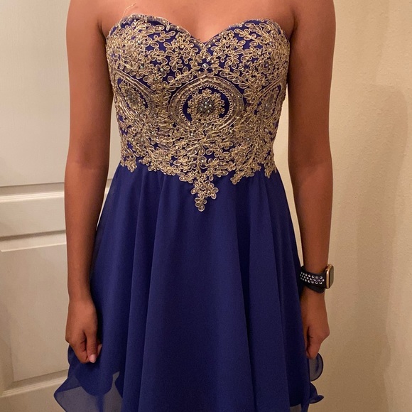 slim fit dress slacks Royal Blue with Sash on Gold Applique Bottom Dress D2141712 – Happy Land main image 1
